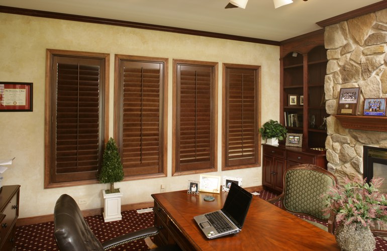 Hardwood plantation shutters in a Philadelphia home office
